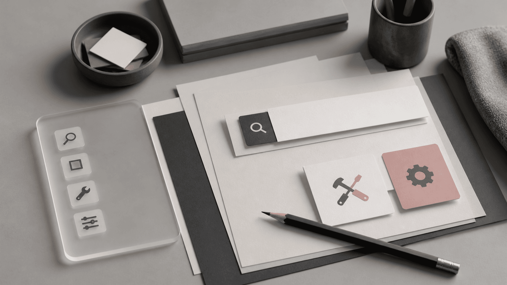 Editorial image of browser tool cards on a neutral desk
