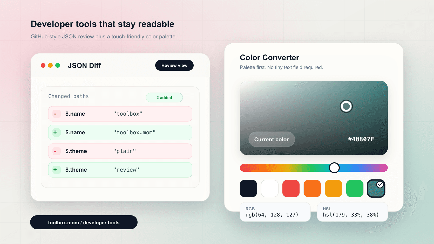 Editorial image of JSON diff review rows beside a color converter palette