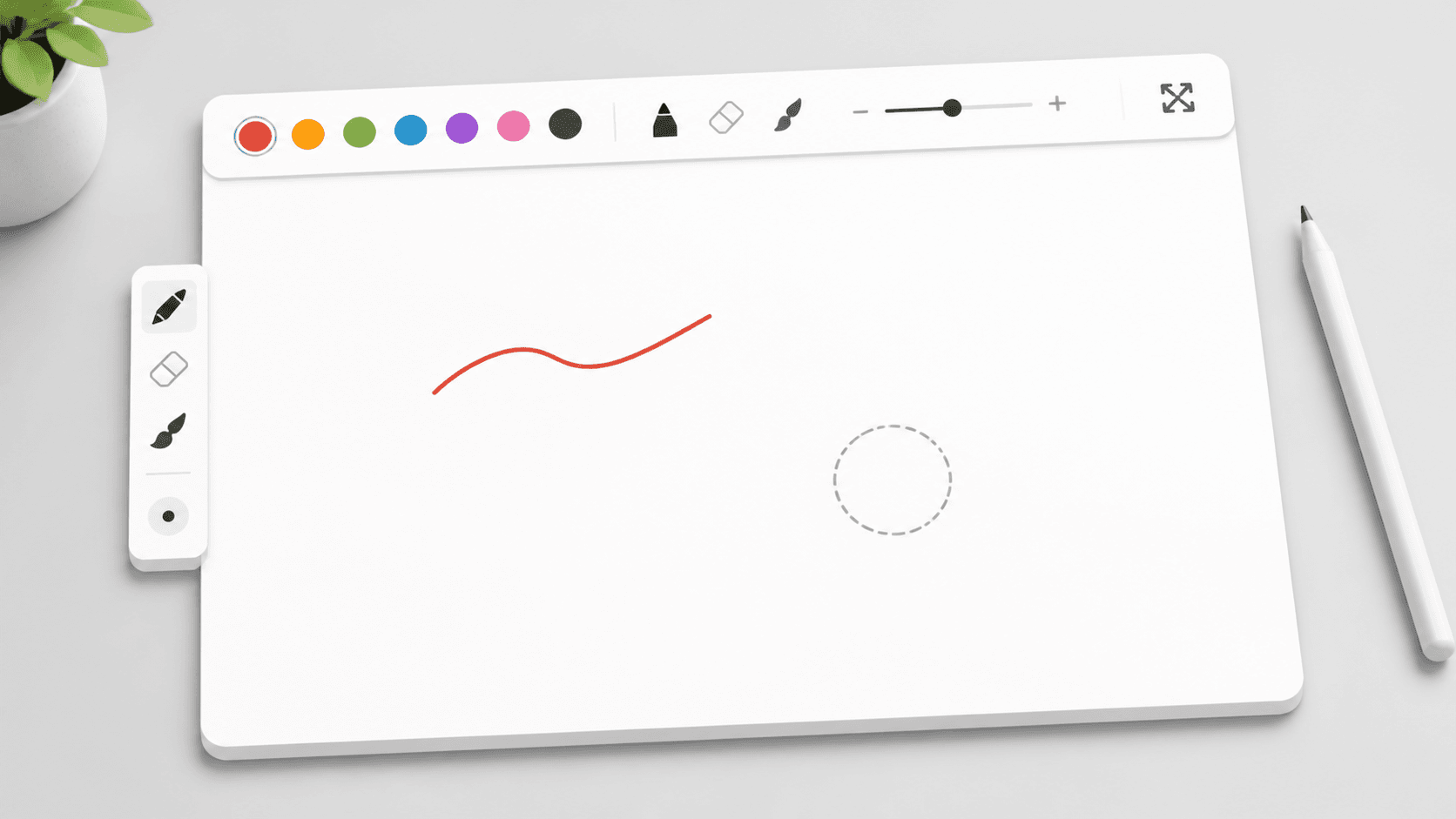Editorial image of an online doodle board with brush colors, eraser, and fullscreen controls