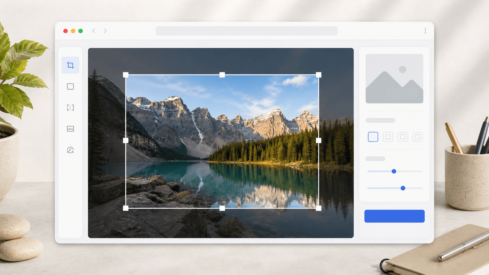 Editorial image of an online image crop interface with a photo, crop frame, and corner handles